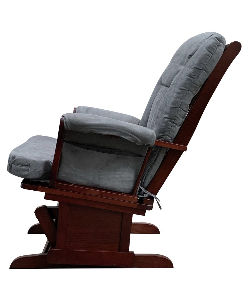Side view of the Adeliza Microfiber Glider Chair With Ottoman in gray, featuring cushioned wooden frame, high backrest, armrests, and soft microfiber upholstery for comfort and support.