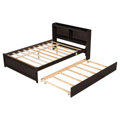 The Full Bed With Trundle, Bookcase features a dark wooden frame with a headboard of open shelves and an empty pull-out trundle with exposed slats; both frames are shown without mattresses.
