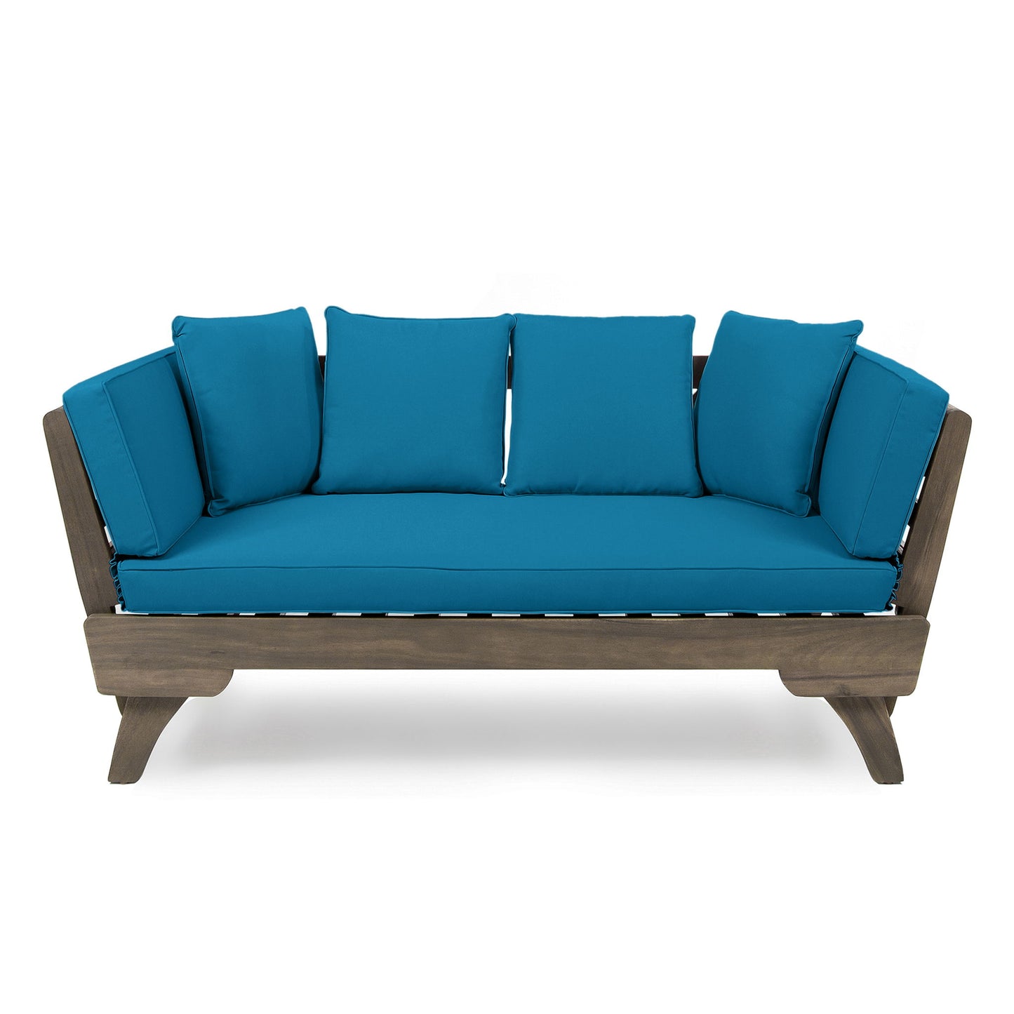 The Ottavio Convertible Sofa Daybed features a modern wooden frame with angled sides, vibrant blue water-resistant seat and back cushions, and four large matching pillows for added comfort in a minimalist design.