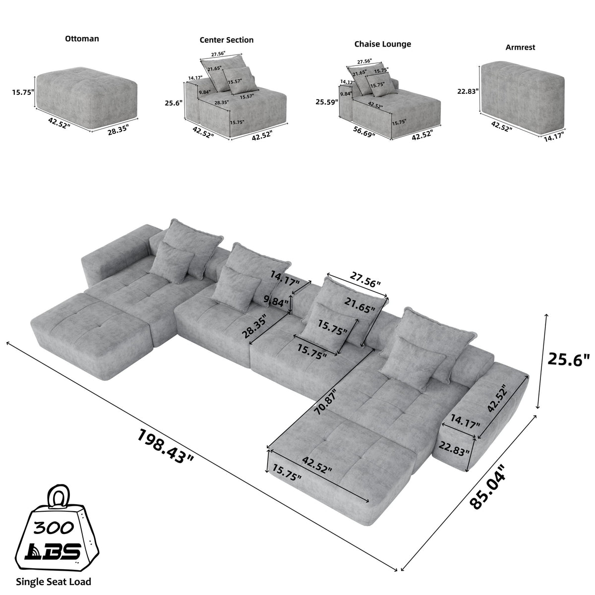 Modern Oversized Diy Combination Modular Sectional Sofa & Pillows