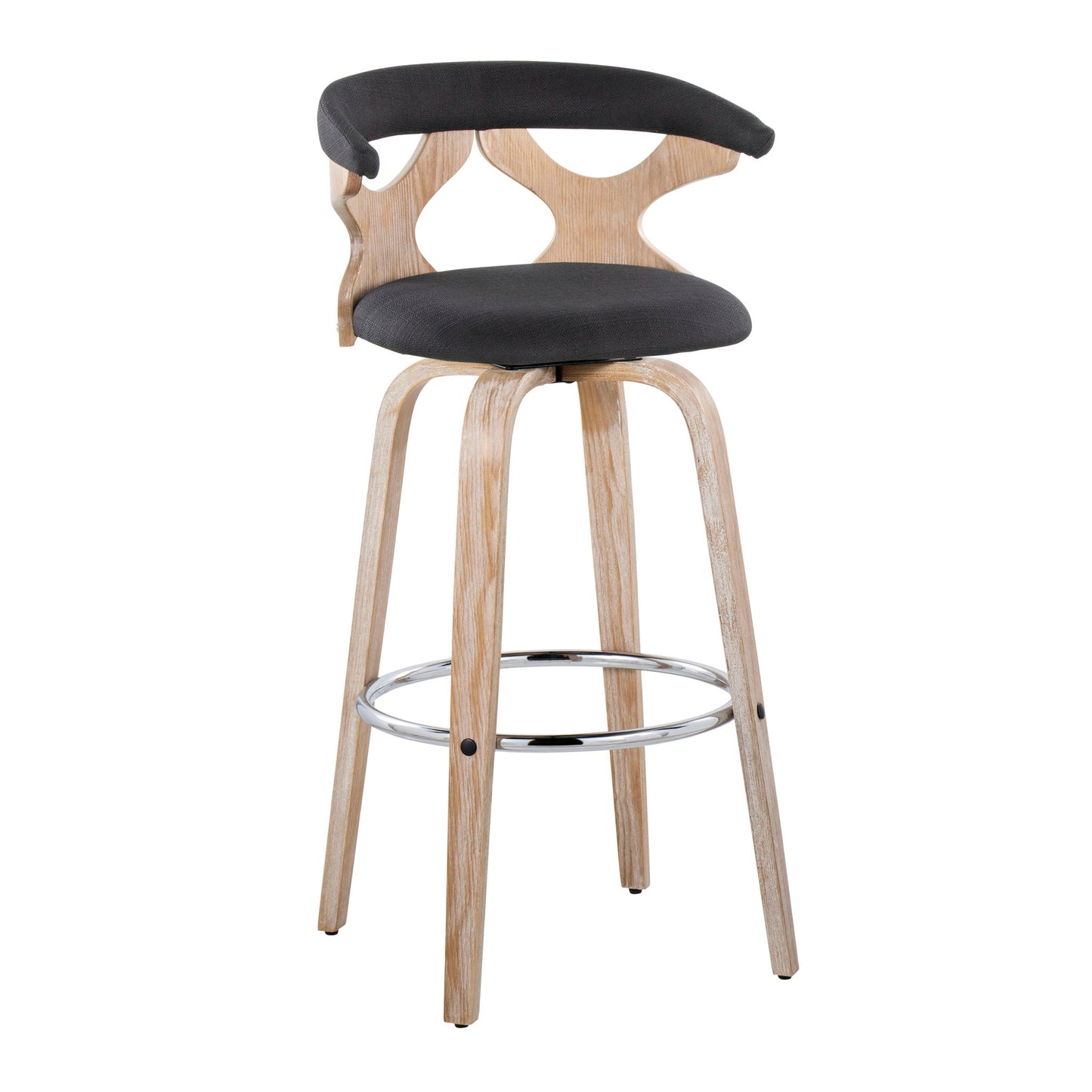 The Gardenia Contemporary Fixed Height Barstool features a swivel seat with padded dark gray upholstery, a curved backrest, open cutout design, light wood legs, and a round chrome footrest. Sold as a set of 2.