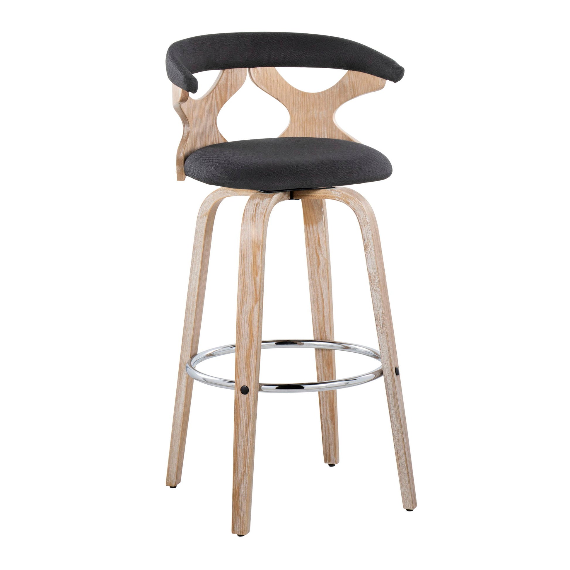 The Gardenia Contemporary Fixed Height Barstool features a swivel seat with padded dark gray upholstery, a curved backrest, open cutout design, light wood legs, and a round chrome footrest. Sold as a set of 2.