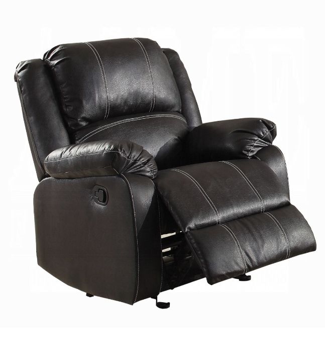 The Zuriel Synthetic Leather Recliner Chair in black features padded armrests and backrest, displayed partially reclined with the footrest extended.