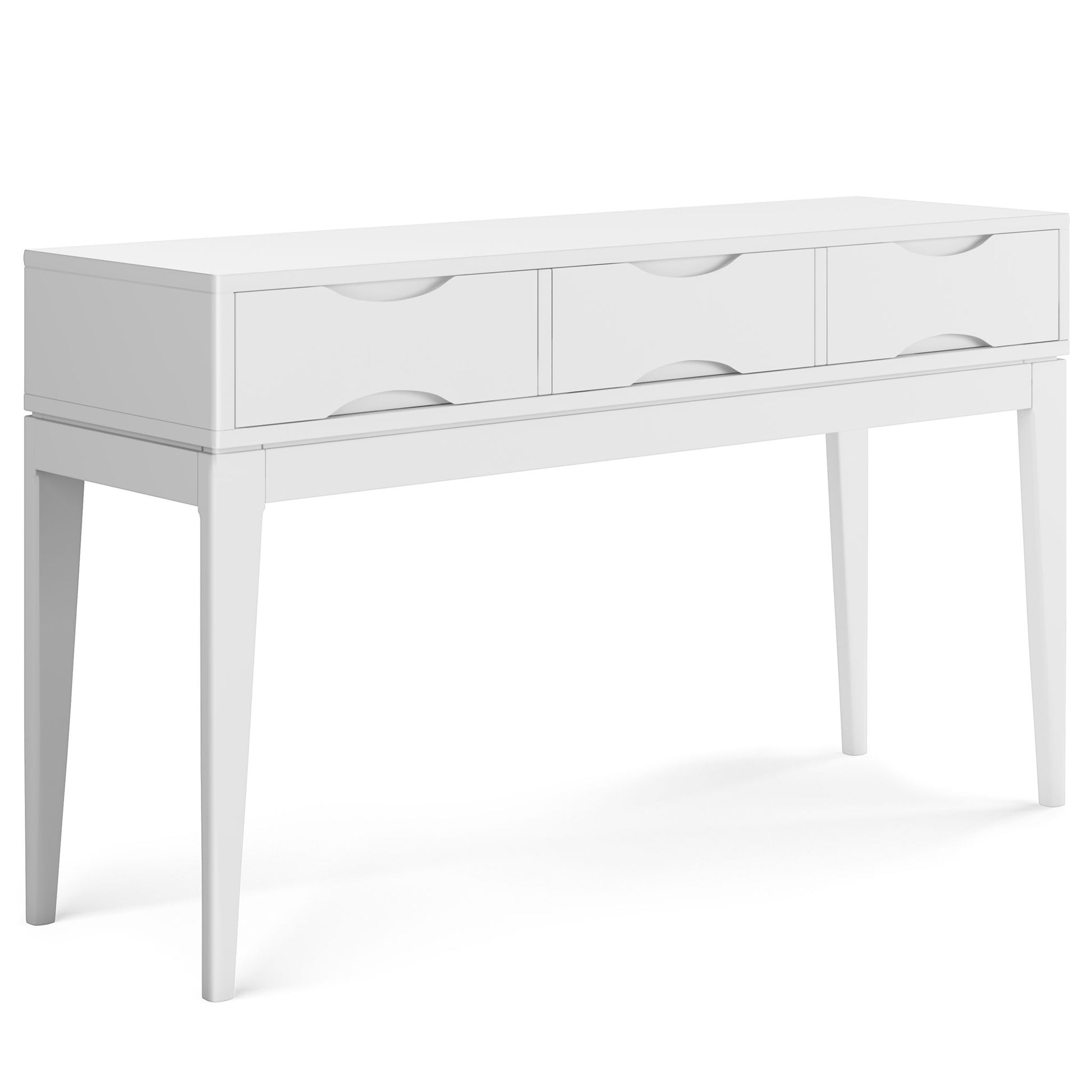 The Harper - Handcrafted Console Sofa Table is a modern white piece with three drawers, tapered legs, a minimalist design, and smooth surfaces.