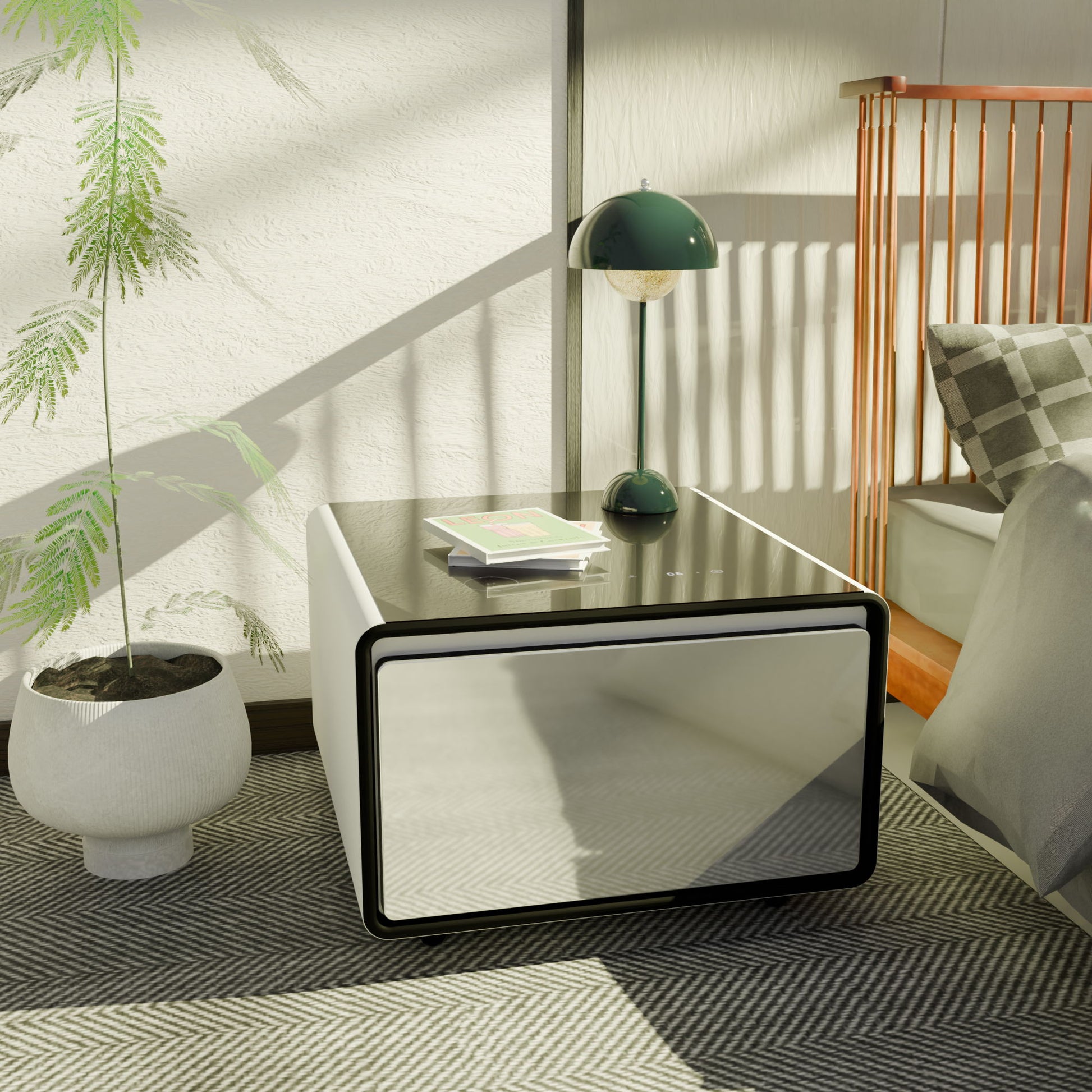 A modern bedroom corner with a Modern Smart Side Table featuring a built-in fridge, wireless charging, USB ports, power socket, outlet protection, temperature control, and induction light, all bathed in natural sunlight.