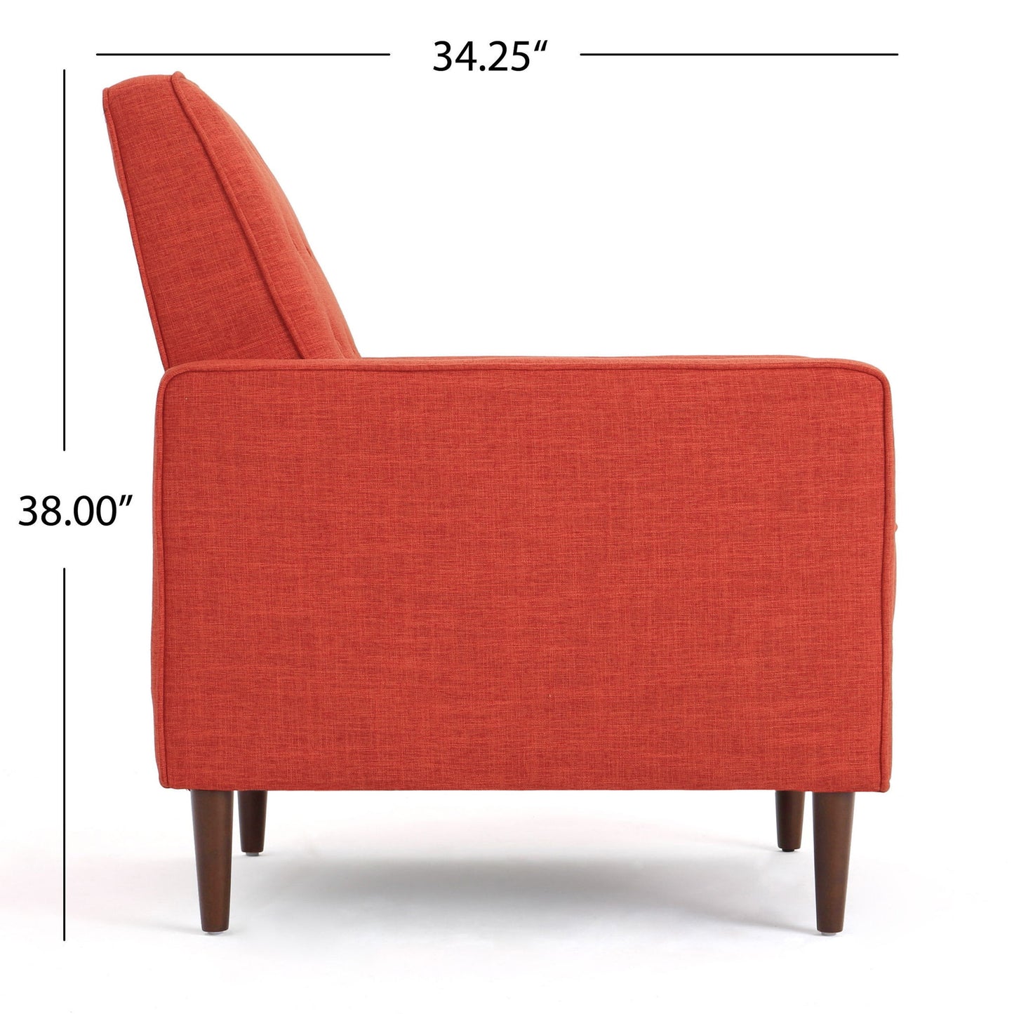 Side view of the Mid-Century Modern Recliner With Button Tufted Waffle Stitch in orange, featuring wooden legs, measuring 34.25 inches deep and 38.00 inches tall, set against a white background.
