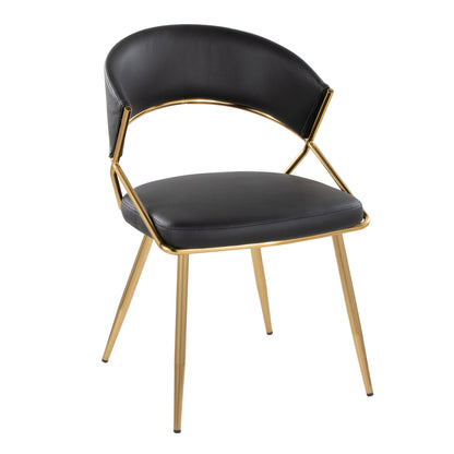 The Jie - Glam Dining Chair (Set of 2) features a rounded black leather backrest and seat, with a sleek gold metal frame and four tapered gold legs.