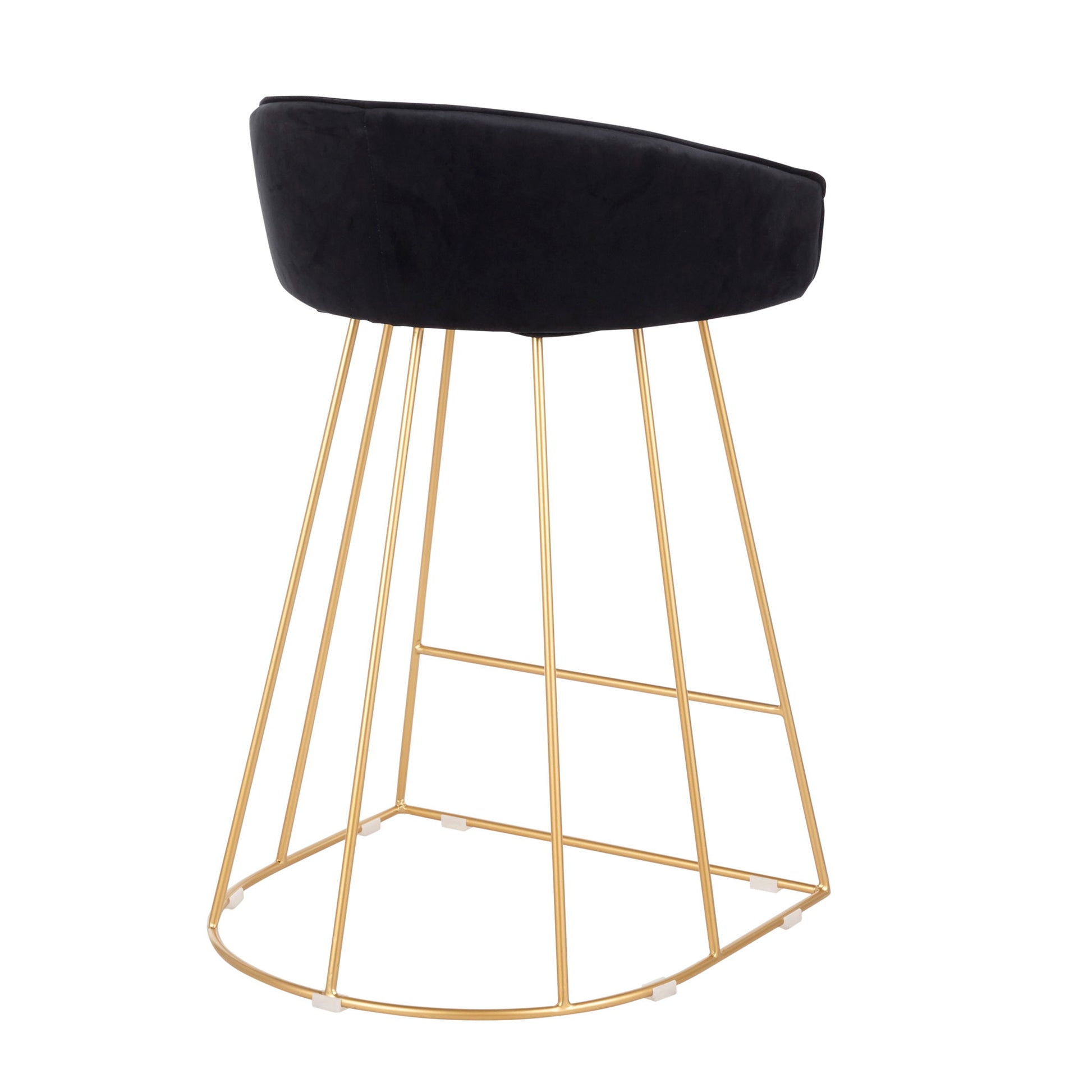 The Canary - Contemporary Counter Stool (Set of 2) features plush black upholstery and a geometric gold metal base, shown against a white background.