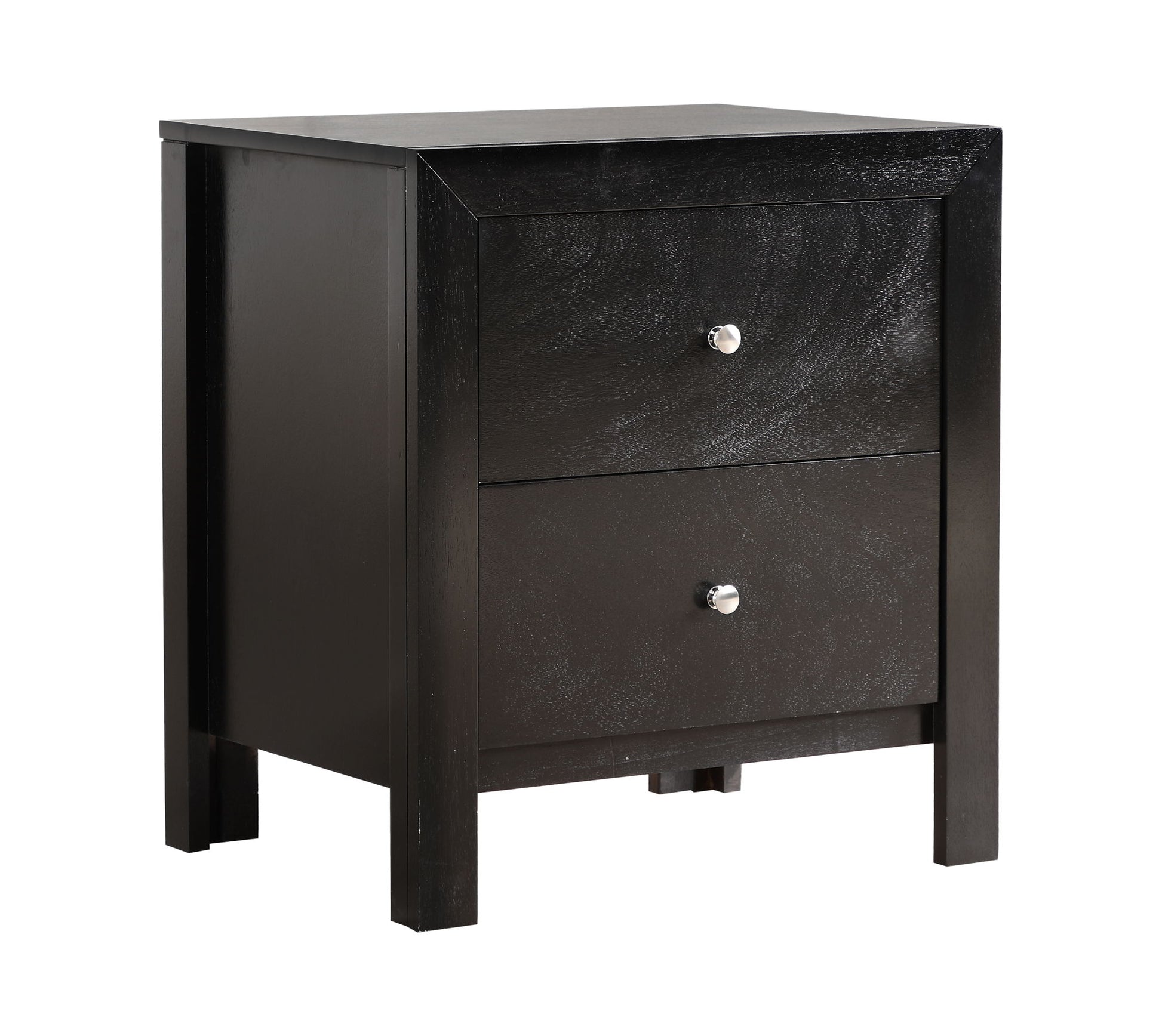 The Charming Nightstand With Drawers is a black wooden piece with two drawers, each fitted with round silver knobs. It features a modern, simple design, straight legs, and a smooth finish.