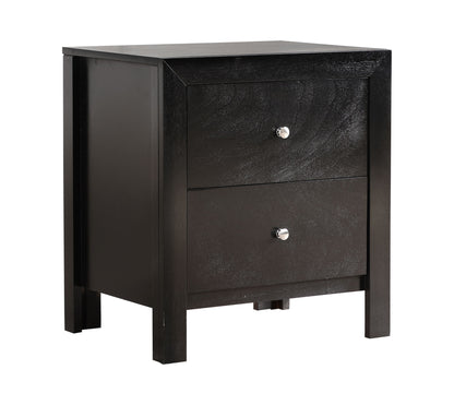 The Charming Nightstand With Drawers is a black wooden piece with two drawers, each fitted with round silver knobs. It features a modern, simple design, straight legs, and a smooth finish.
