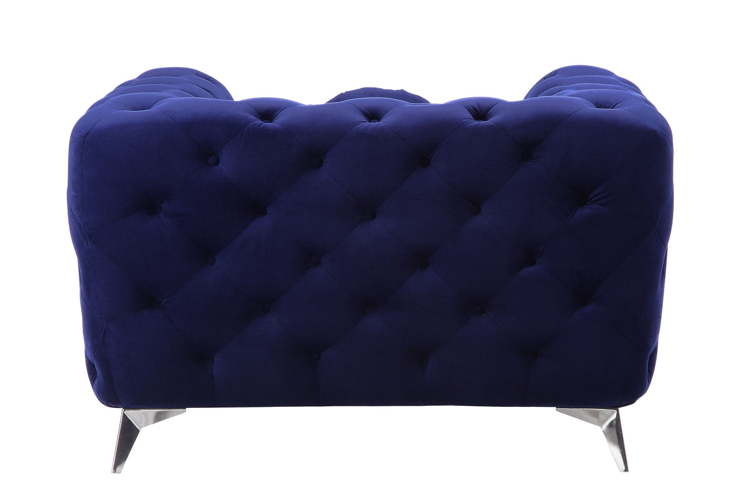The Atronia Chair features an elegant design with dark blue tufted velvet upholstery and metal legs, shown from the back against a white background.