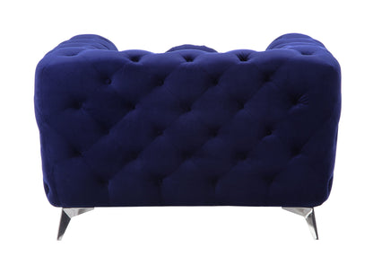 The Atronia Chair features an elegant design with dark blue tufted velvet upholstery and metal legs, shown from the back against a white background.
