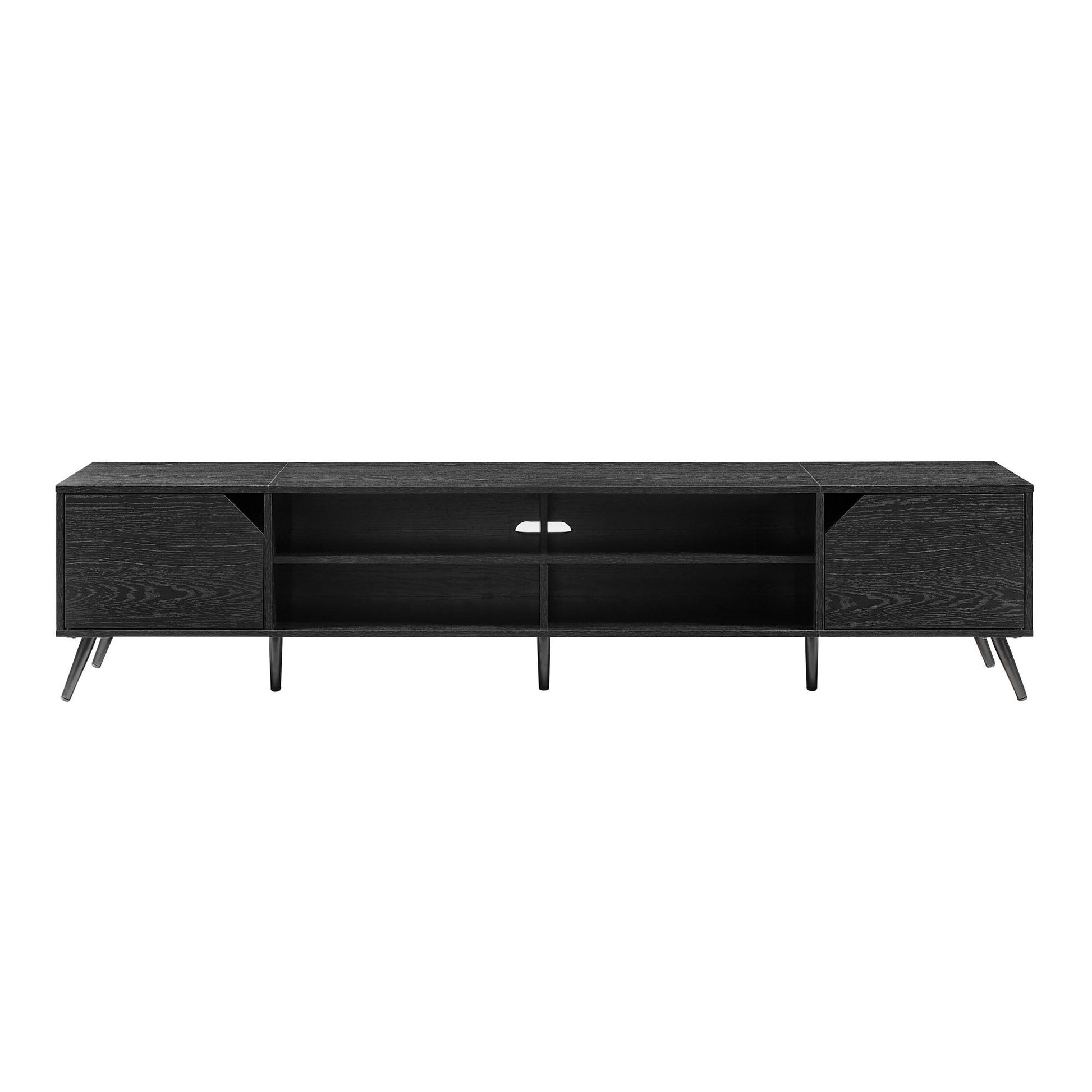 The Contemporary 2 Door Minimalist TV Stand is a sleek black piece with two large cabinets at each end, dual open center shelves with a cable management slot, and it stands on four angled metal legs.