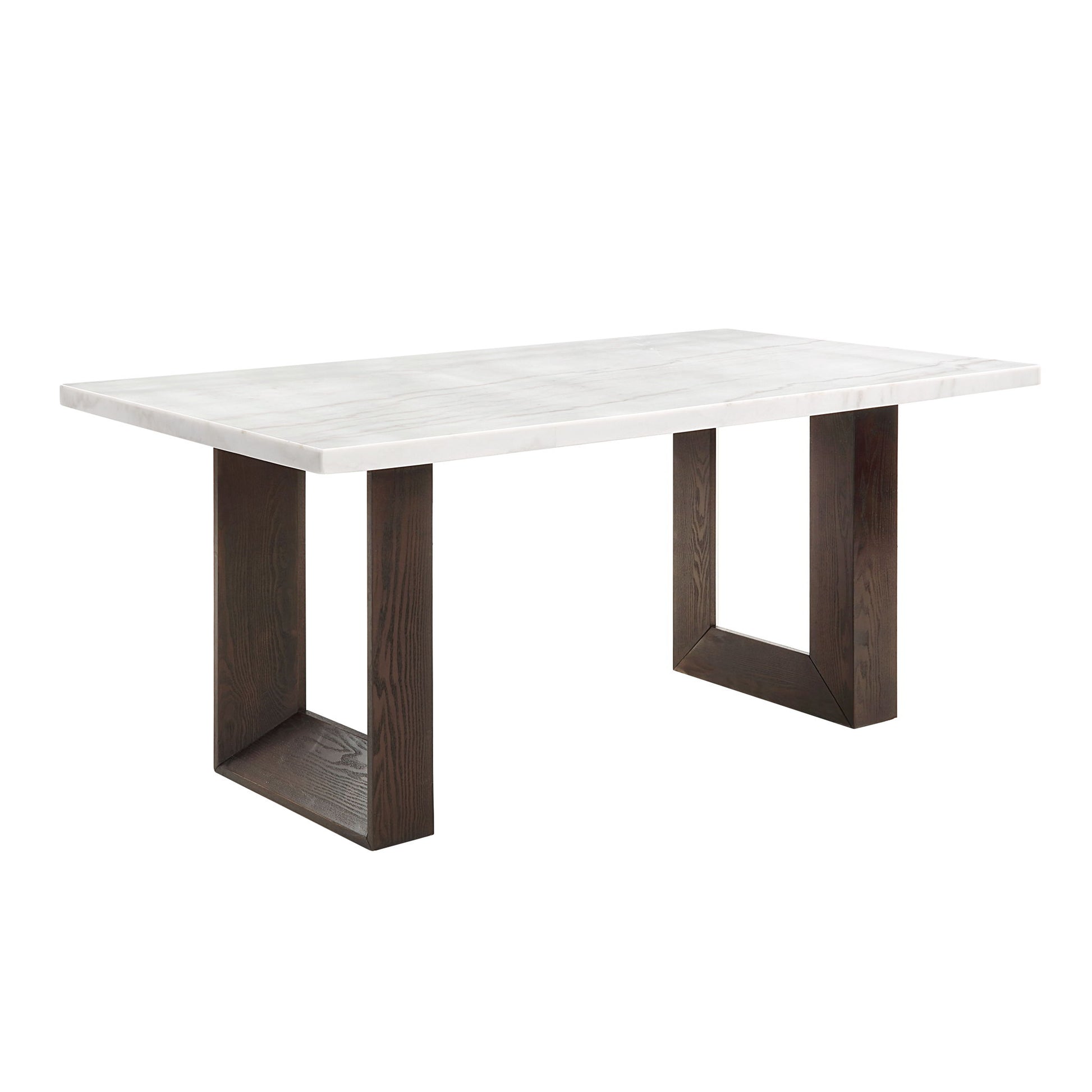 The Edwyn - Marble Top Dining Table - Natural features a modern rectangular white marble top and two dark wooden rectangular pedestal legs.