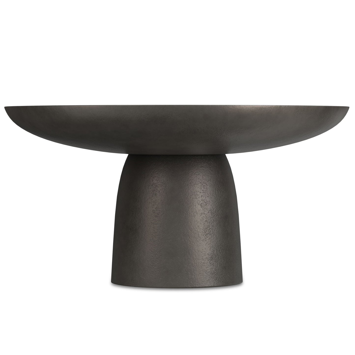 The Alexa Cast Aluminum Coffee Table in black features a modern, matte finish with a wide, shallow top and thick, rounded base, shown against a white background.