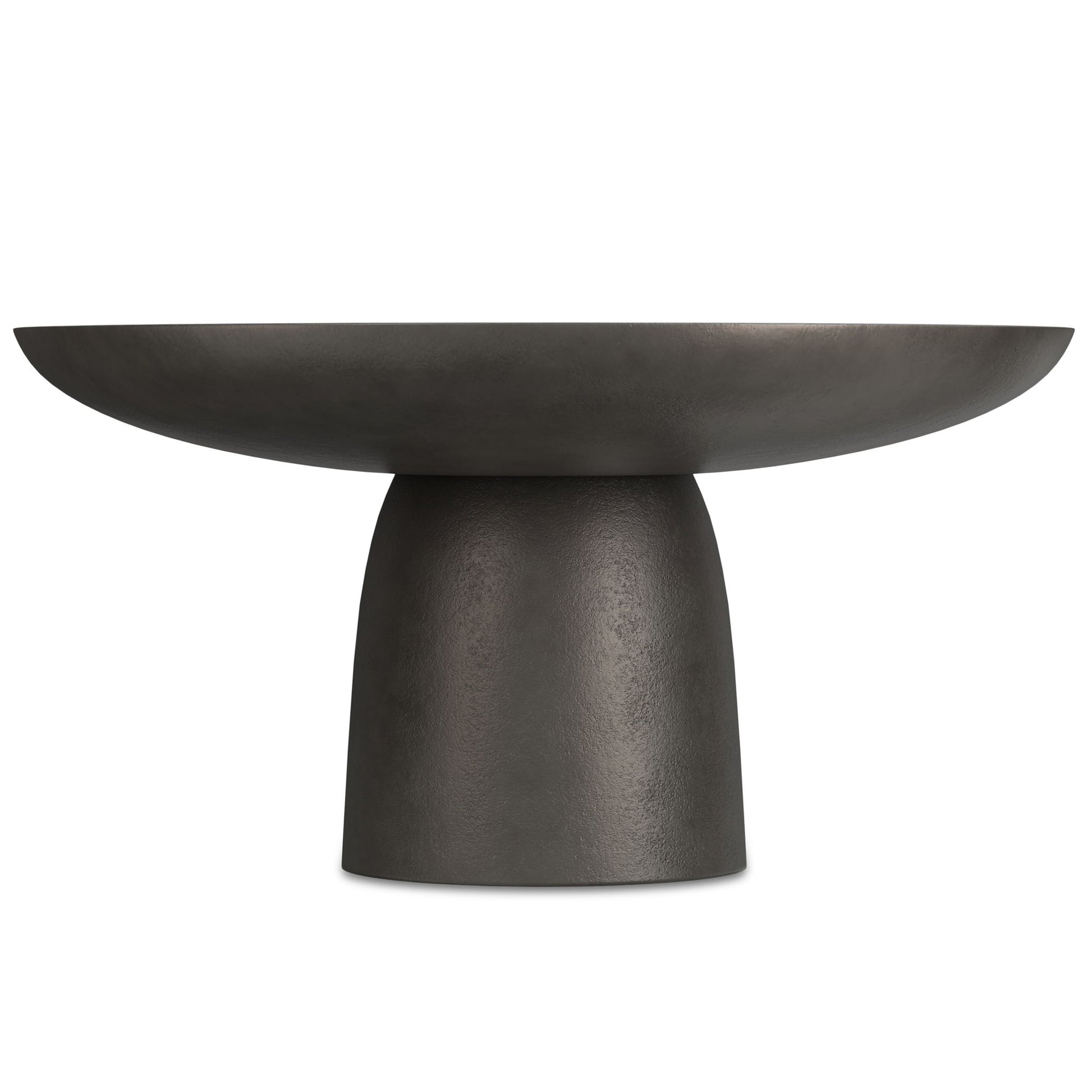 The Alexa Cast Aluminum Coffee Table in black features a modern, matte finish with a wide, shallow top and thick, rounded base, shown against a white background.