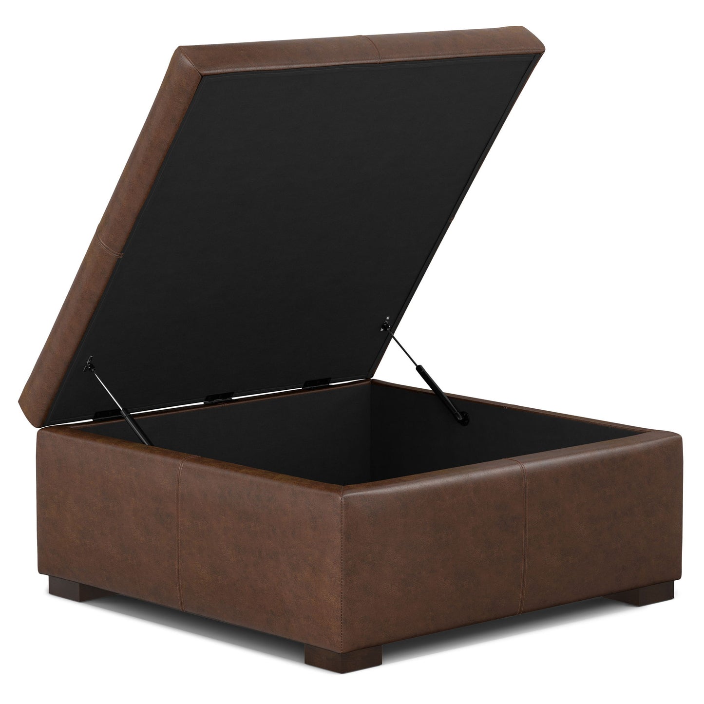 The Gabbie Coffee Table Upholstered Storage Ottoman is a brown, square leather piece with a hinged lid that opens to reveal storage space inside, resting on short, sturdy legs.