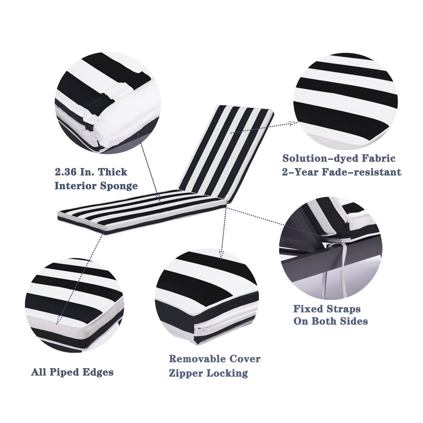 The Outdoor Lounge Chair Cushion Replacement features black and white stripes, a 2.36-inch thick sponge, solution-dyed fade-resistant fabric, fixed straps, removable zippered cover, and piped edges.