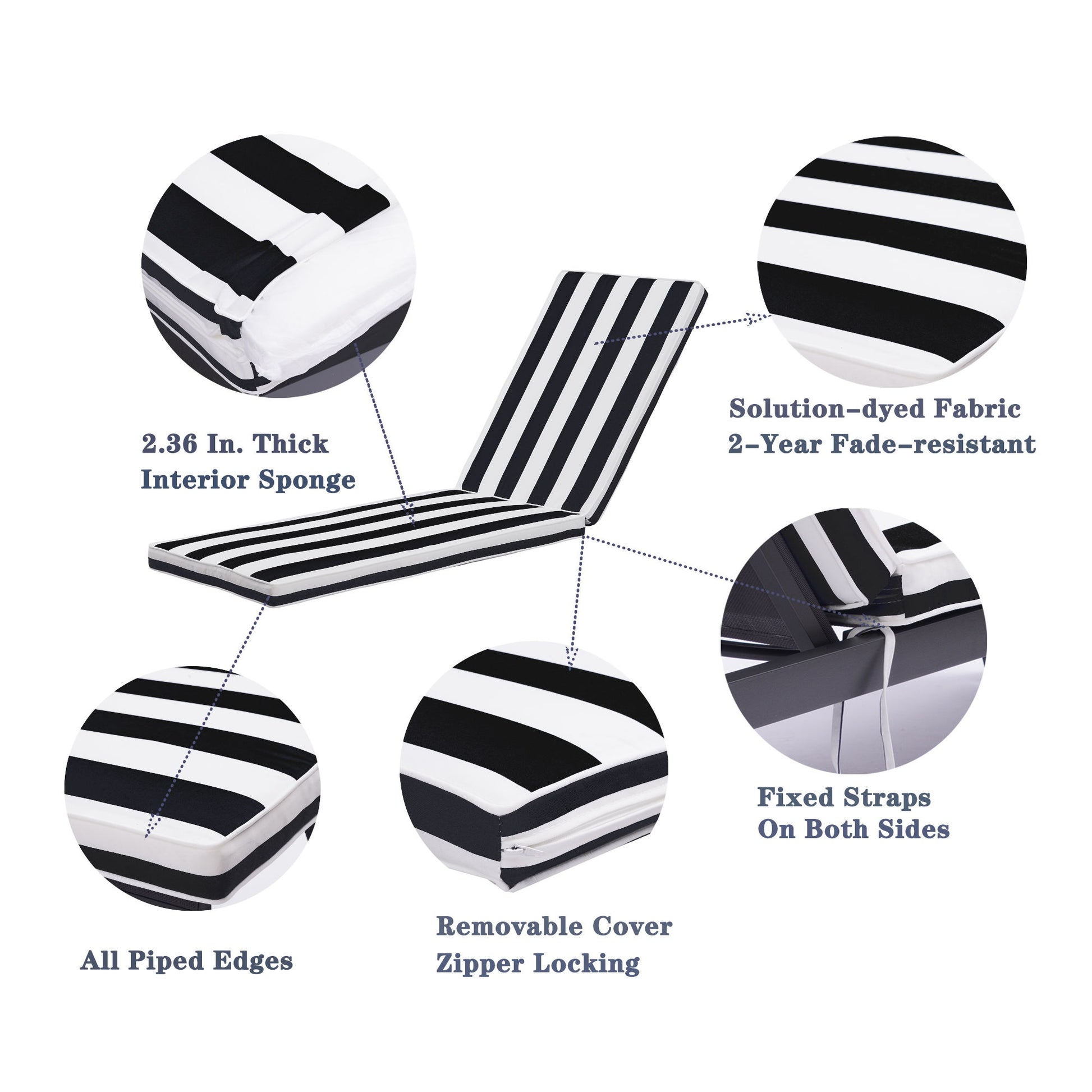 The Outdoor Lounge Chair Cushion Replacement features black and white stripes, a 2.36-inch thick sponge, solution-dyed fade-resistant fabric, fixed straps, removable zippered cover, and piped edges.
