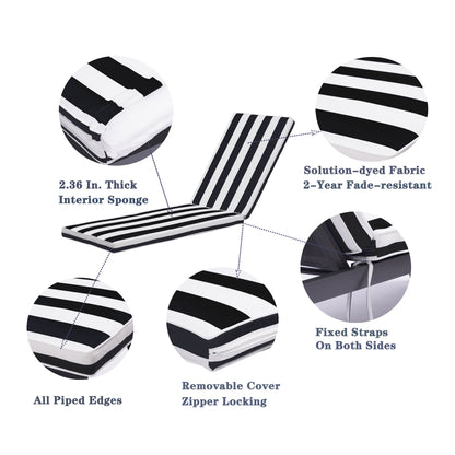 The Outdoor Lounge Chair Cushion Replacement features black and white stripes, a 2.36-inch thick sponge, solution-dyed fade-resistant fabric, fixed straps, removable zippered cover, and piped edges.