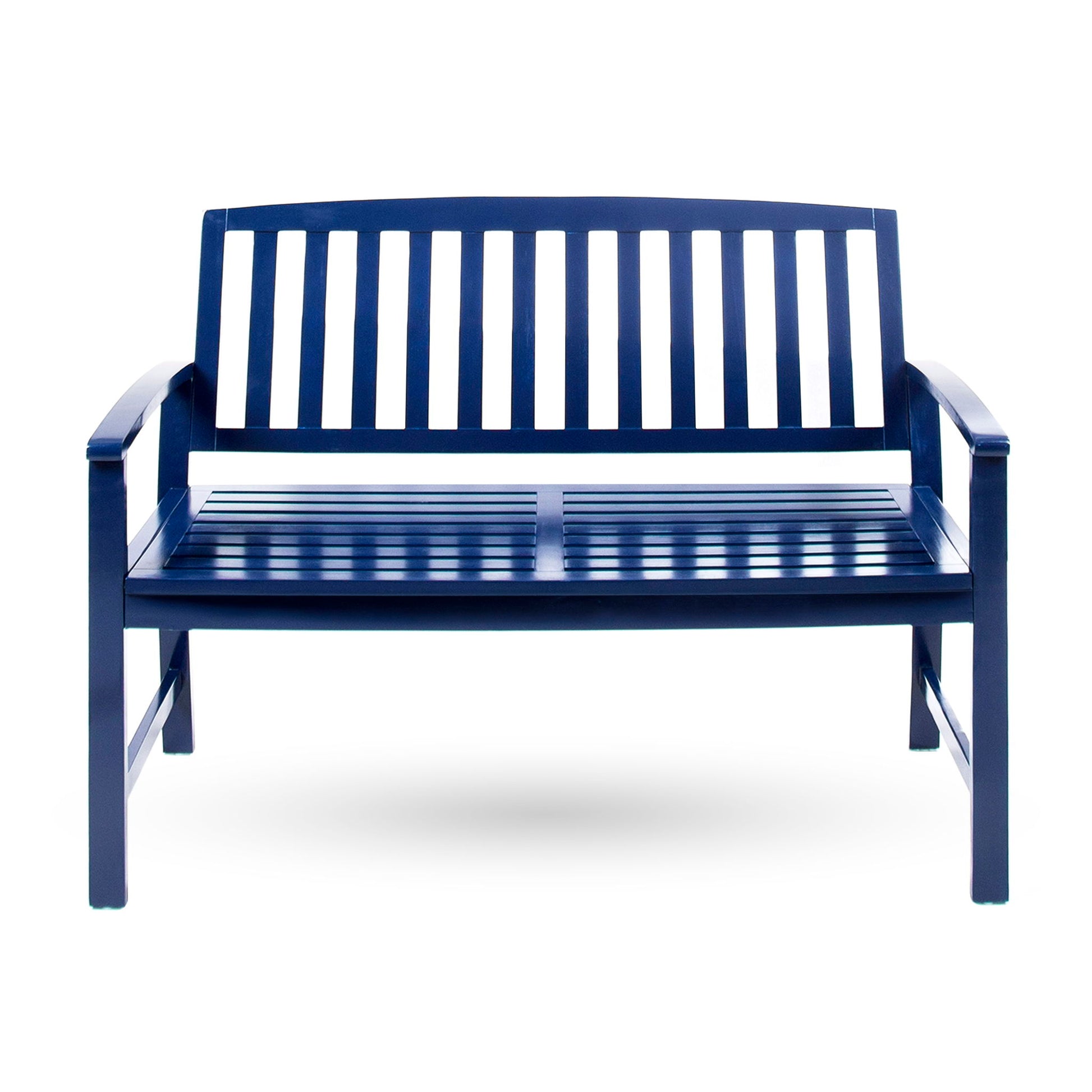The Farmhouse Style Loja Bench Indoor / Outdoor is a dark blue wooden bench with a slatted backrest and seat, armrests on both sides, and is shown against a plain white background.