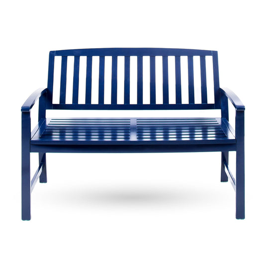The Farmhouse Style Loja Bench Indoor / Outdoor is a dark blue wooden bench with a slatted backrest and seat, armrests on both sides, and is shown against a plain white background.