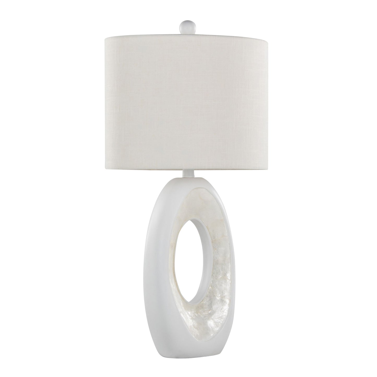 The Pearl Contemporary Table Lamp (Set of 2) features a matte white ceramic base with a central cutout and a round white fabric shade, accented by natural shell details for a modern look.