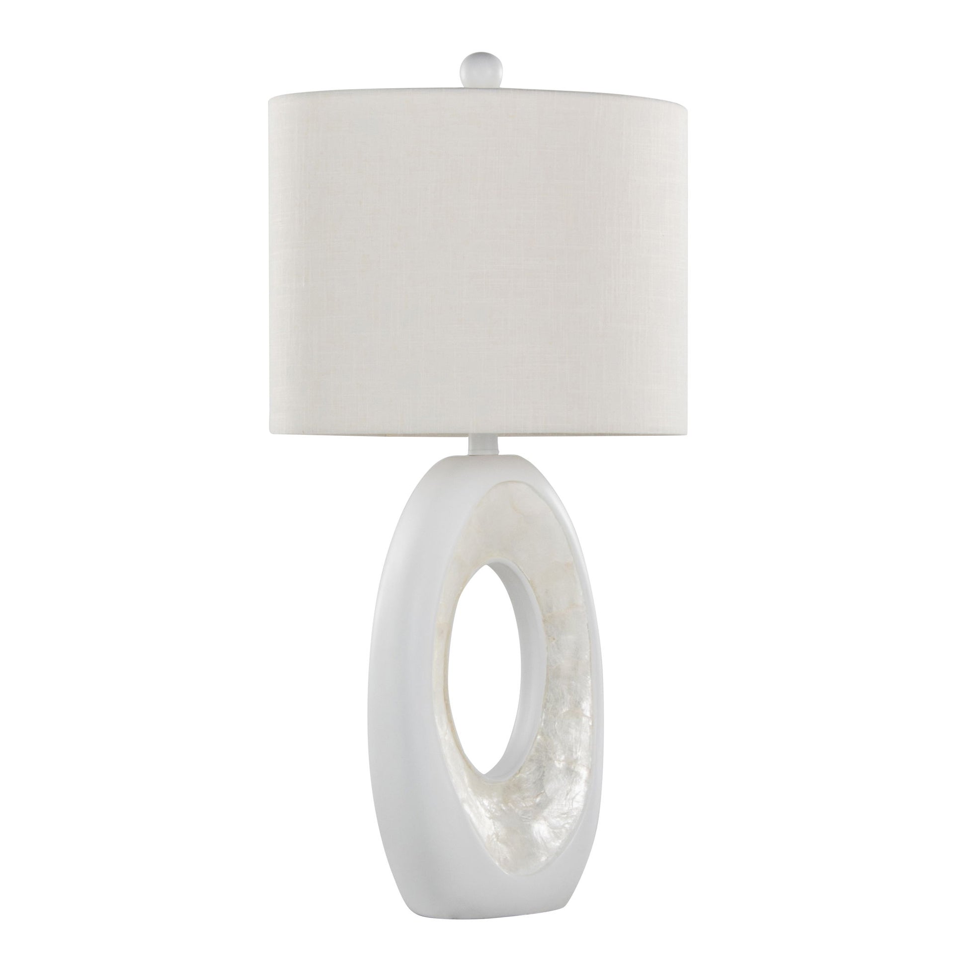 The Pearl Contemporary Table Lamp (Set of 2) features a matte white ceramic base with a central cutout and a round white fabric shade, accented by natural shell details for a modern look.