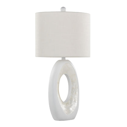 The Pearl Contemporary Table Lamp (Set of 2) features a matte white ceramic base with a central cutout and a round white fabric shade, accented by natural shell details for a modern look.