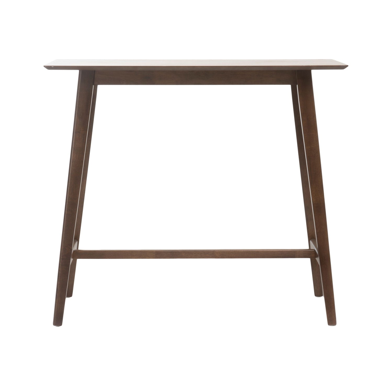 The Bar Height Dining Table features an elongated rectangular top and splayed legs joined by two support bars, offering a minimalist, mid-century modern look.