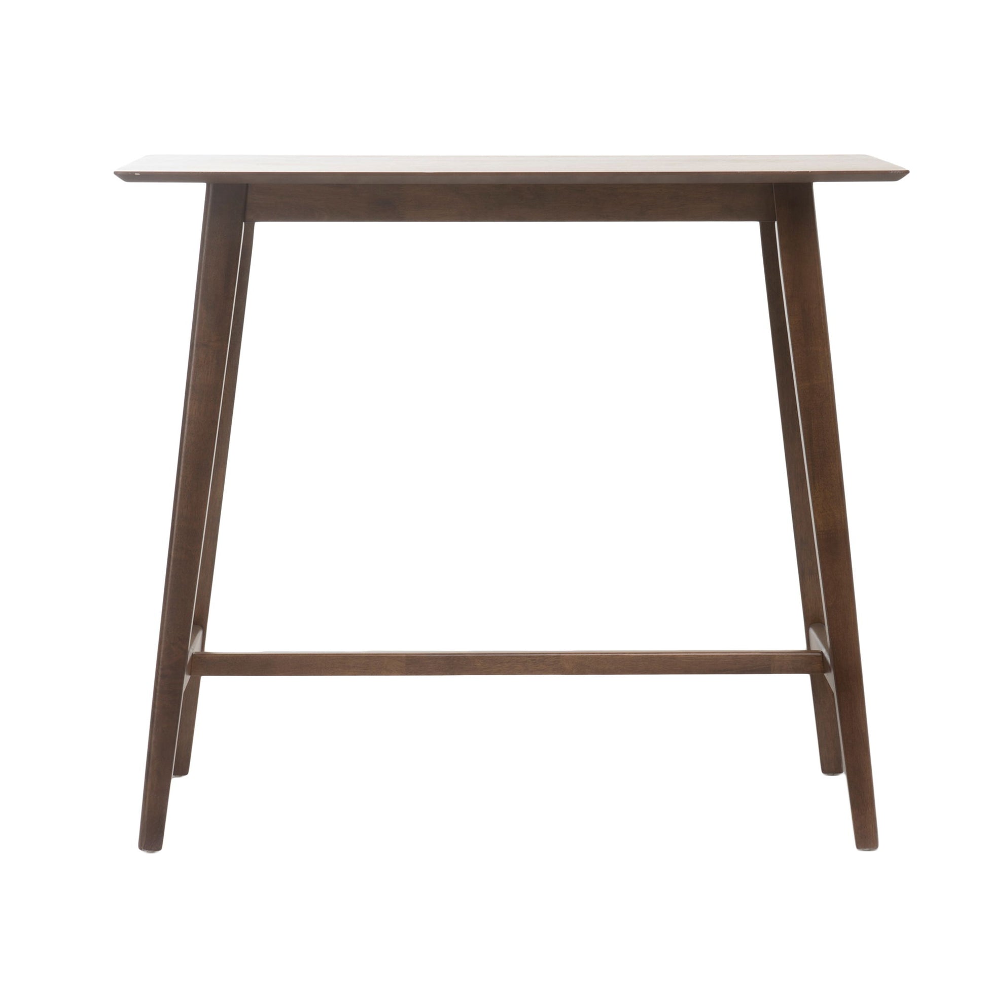 The Bar Height Dining Table features an elongated rectangular top and splayed legs joined by two support bars, offering a minimalist, mid-century modern look.