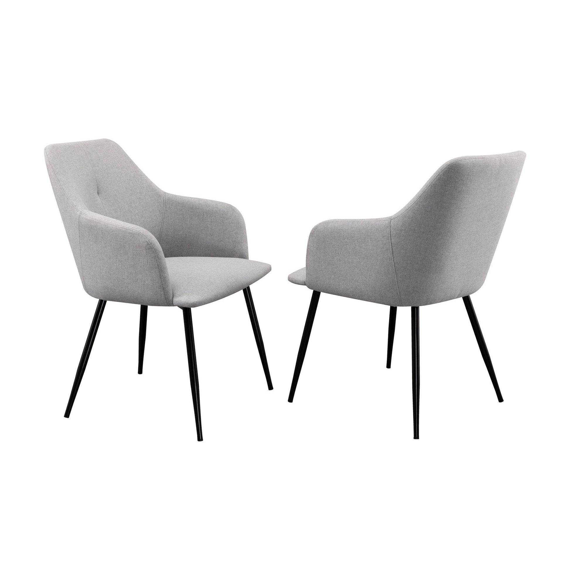 Two Contemporary Upholstered Woven Dining Chairs with light gray seats and backs, angled black metal legs, shown from front and back on a white background.