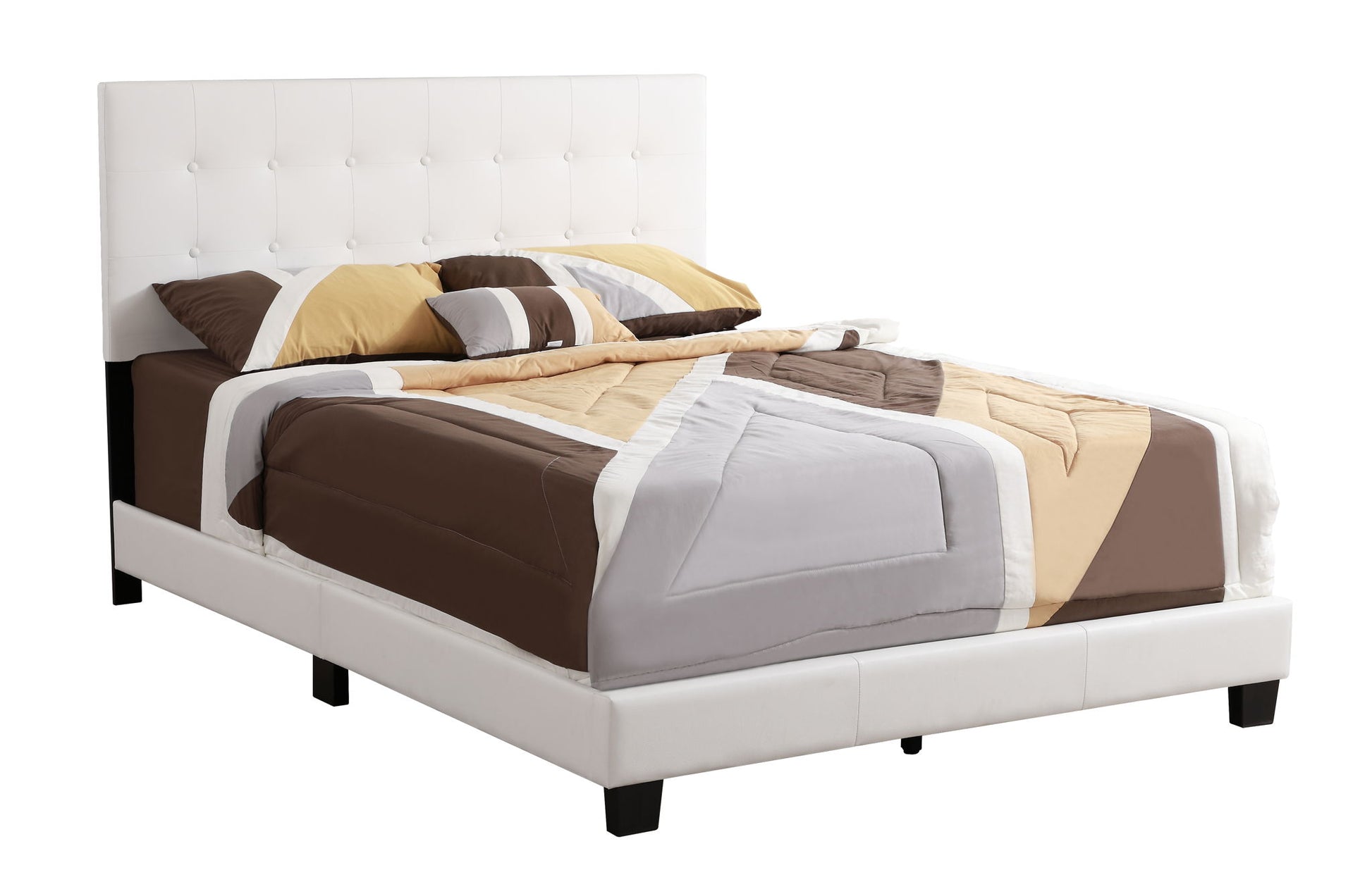 The Caldwell - Bed features a white tufted headboard and frame, paired with bedding in geometric patterns of brown, beige, and gray tones, along with coordinating pillows.