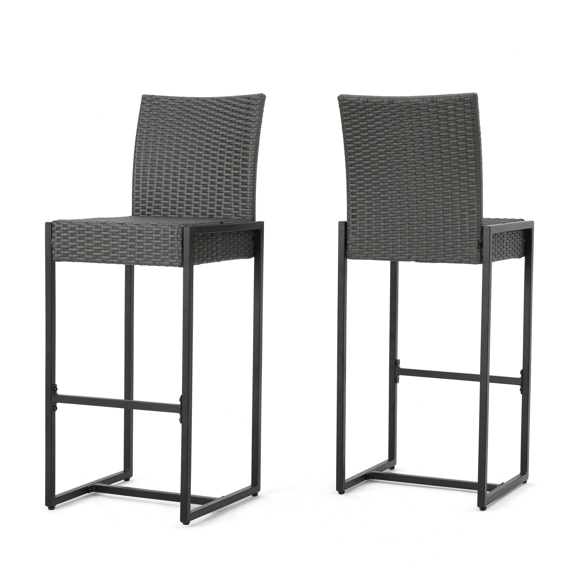 Set of 2 Outdoor Barstools with hand-crafted gray woven wicker seats and backs, featuring black metal frames with footrests, shown from front and back against a white background.