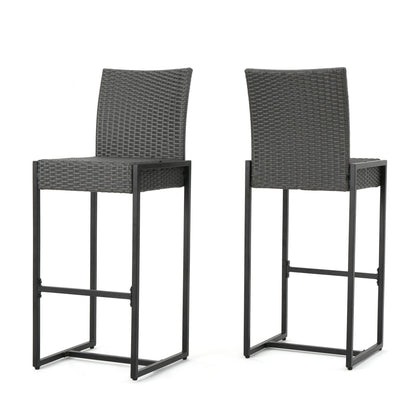 Set of 2 Outdoor Barstools with hand-crafted gray woven wicker seats and backs, featuring black metal frames with footrests, shown from front and back against a white background.
