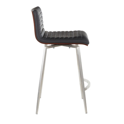 The Mason Contemporary Swivel Counter Stool (Set of 2) features a black, tufted, cushioned seat and backrest, slim metal legs, and a curved footrest, shown from the side against a white background.