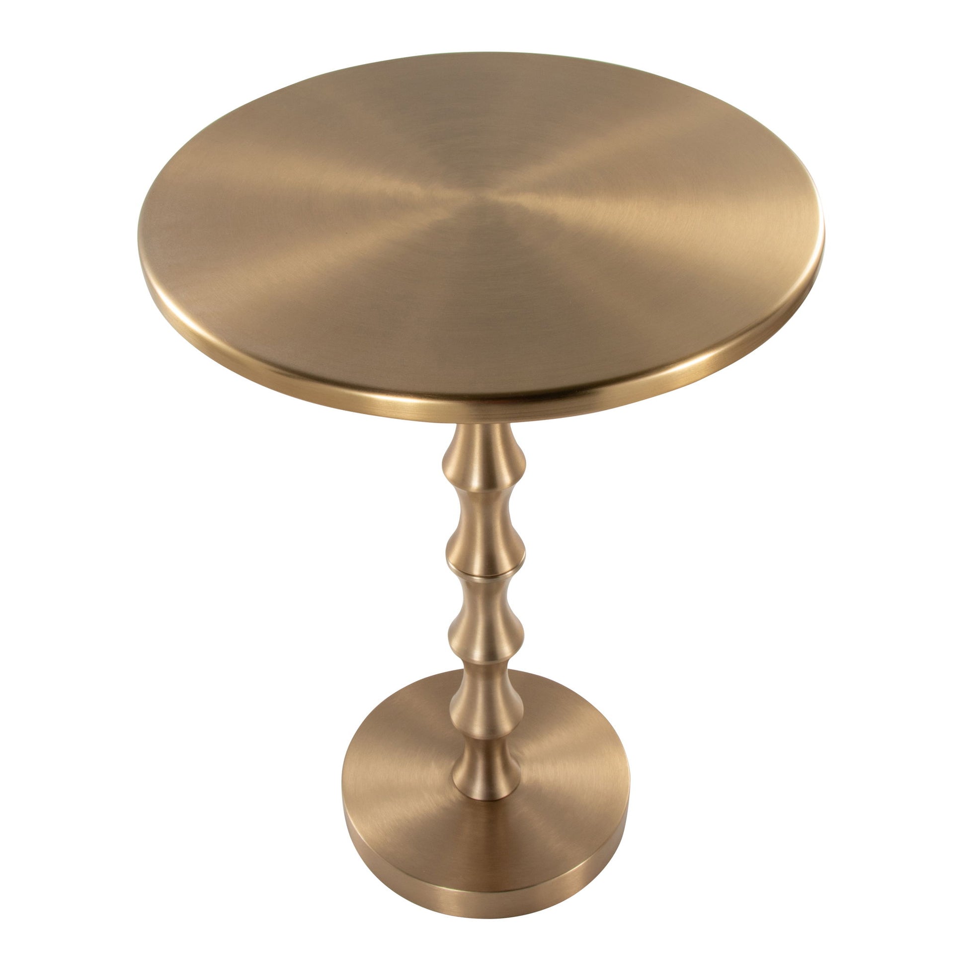 The Bora - Contemporary Table is a round, metallic gold side table featuring a smooth top and sculpted spindle-shaped pedestal base, shown against a white background.
