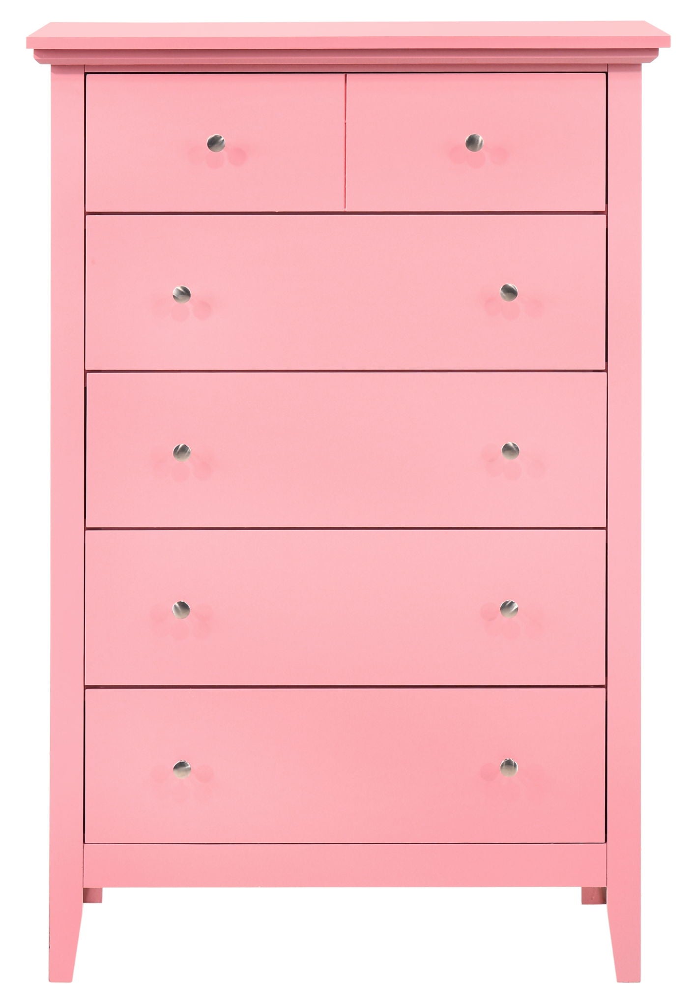 The Hammond Chest is a pink wooden dresser with six drawers, each adorned with a small round silver knob. Featuring a simple, modern design, it stands on short legs for contemporary appeal.