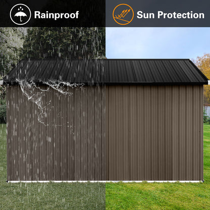 A 10'x12' Garden Sheds Outdoor Storage Sheds is shown split: the left side has heavy rain with a "Rainproof" label, while the right side is sunny with a "Sun Protection" label, emphasizing its weatherproof durability.