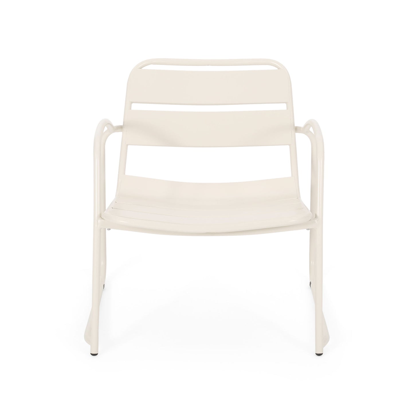 Front view of the Conrad - Chair Outdoor Seating, a modern minimalist white metal chair featuring curved arms and horizontal slats on the backrest and seat, displayed against a plain white background.