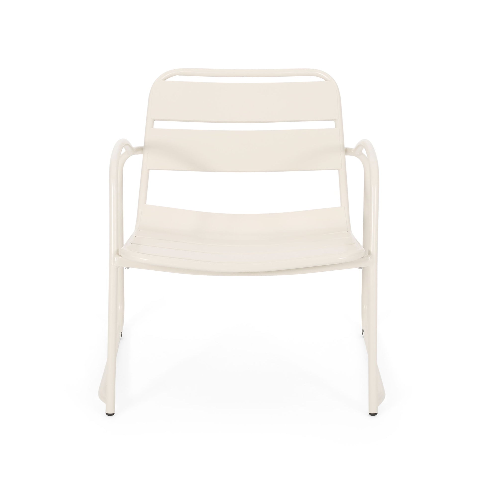 Front view of the Conrad - Chair Outdoor Seating, a modern minimalist white metal chair featuring curved arms and horizontal slats on the backrest and seat, displayed against a plain white background.