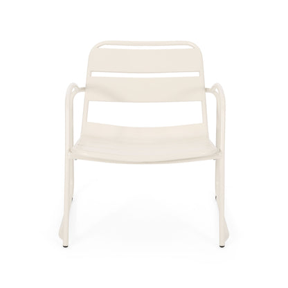 Front view of the Conrad - Chair Outdoor Seating, a modern minimalist white metal chair featuring curved arms and horizontal slats on the backrest and seat, displayed against a plain white background.