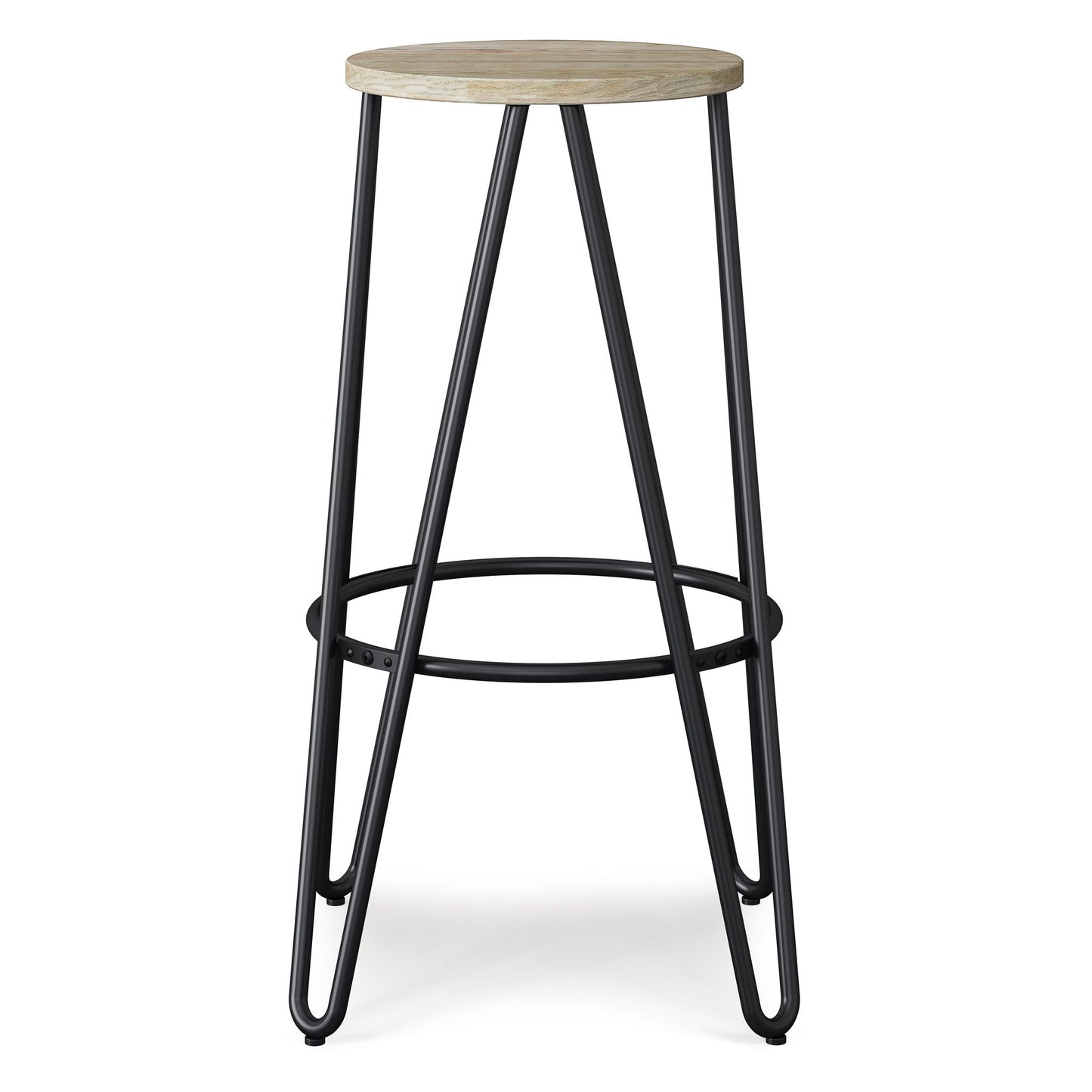 The Simeon Multifunctional Metal Stool features a round light wood seat, black metal legs, a circular footrest, and a sleek, minimalist design.