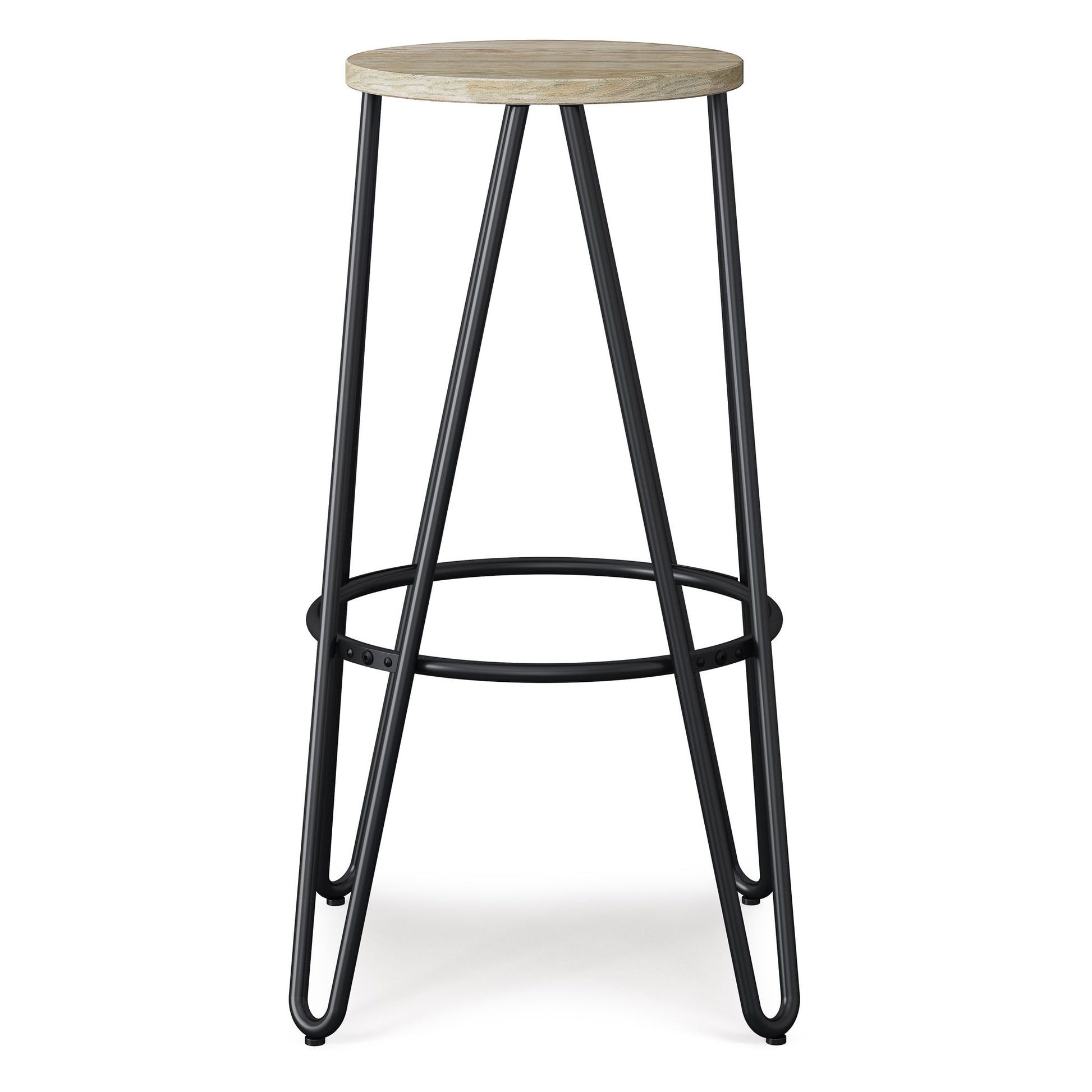 The Simeon Multifunctional Metal Stool features a round light wood seat, black metal legs, a circular footrest, and a sleek, minimalist design.