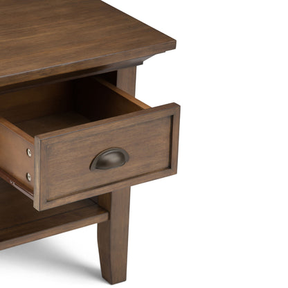 The Redmond - Handcrafted End Table features an open drawer with a metal handle, a lower shelf, and is showcased against a white background.