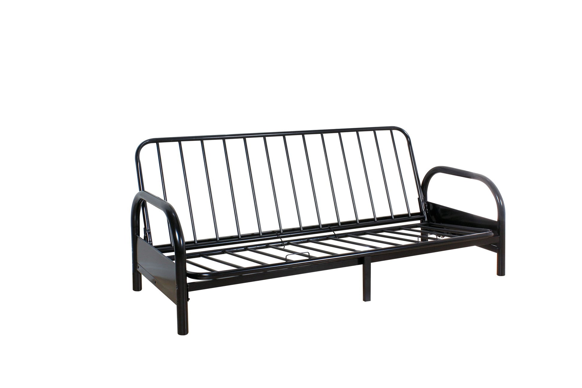 The Alfonso - Adjustable Sofa Frame (Cushion Not Included) in black features a slatted backrest and base for use as seating or a bed, shown on a plain white background.