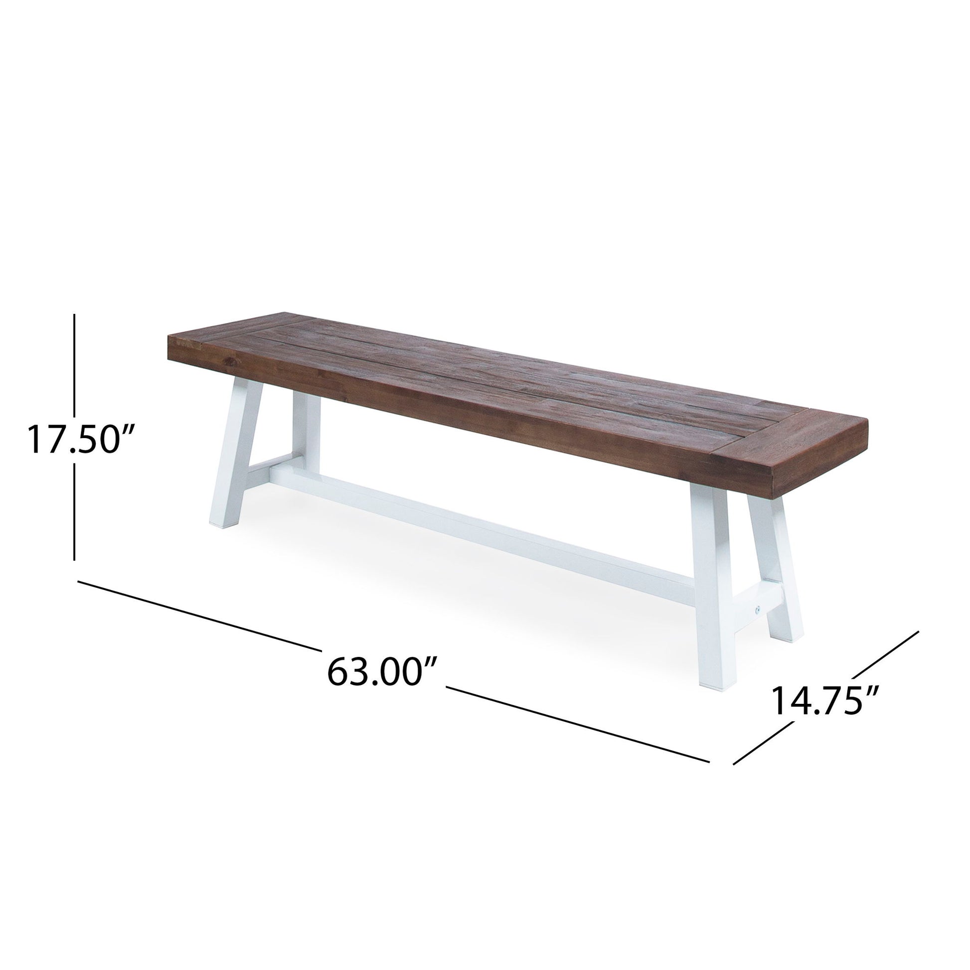 The Tranquilizer Outdoor Acacia Wood Bench features a dark brown slat panel seat, white angled legs, and measures 63"L x 14.75"D x 17.5"H. It is shown on a white background with dimension lines.