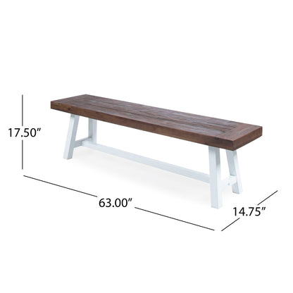 The Tranquilizer Outdoor Acacia Wood Bench features a dark brown slat panel seat, white angled legs, and measures 63"L x 14.75"D x 17.5"H. It is shown on a white background with dimension lines.