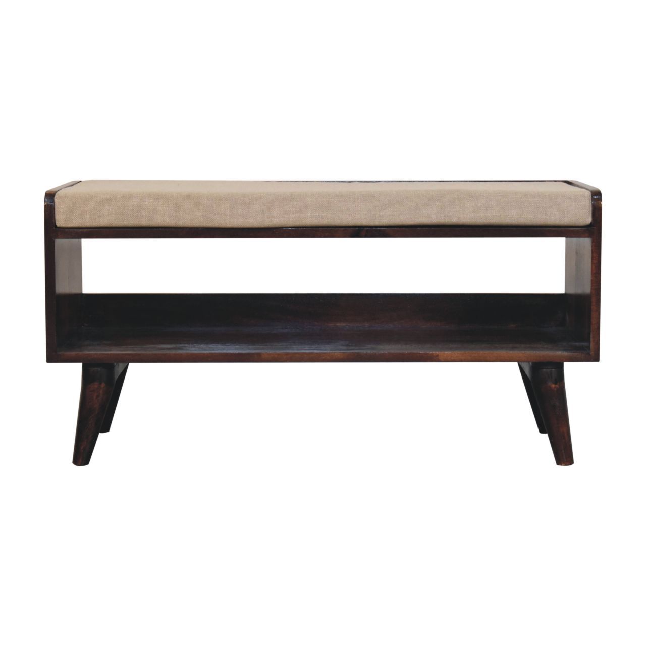 The Solid Wood Bench With Upholstered Seat features a beige cushion on top and an open storage shelf below, displayed against a white background.