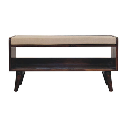 The Solid Wood Bench With Upholstered Seat features a beige cushion on top and an open storage shelf below, displayed against a white background.